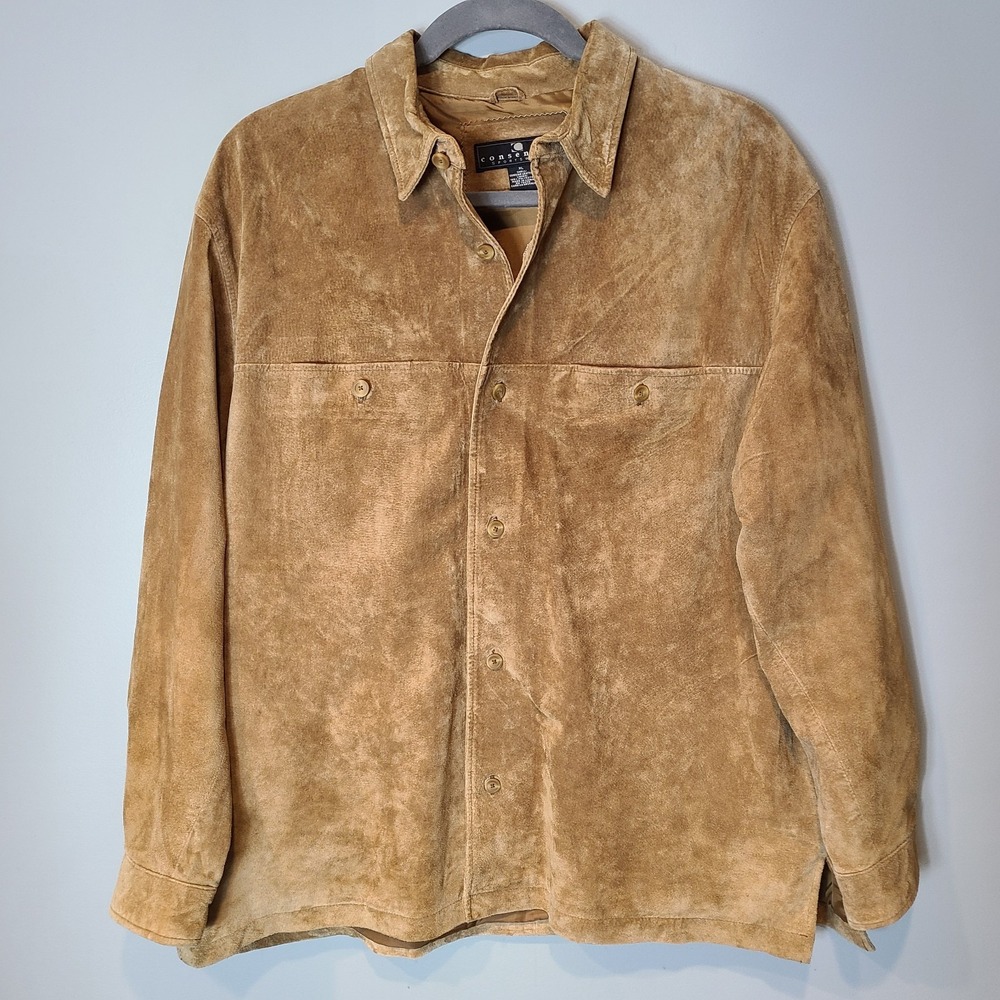 Vintage 90s Consensus Mens Leather Shirt Jacket Suede Western Retro Brown